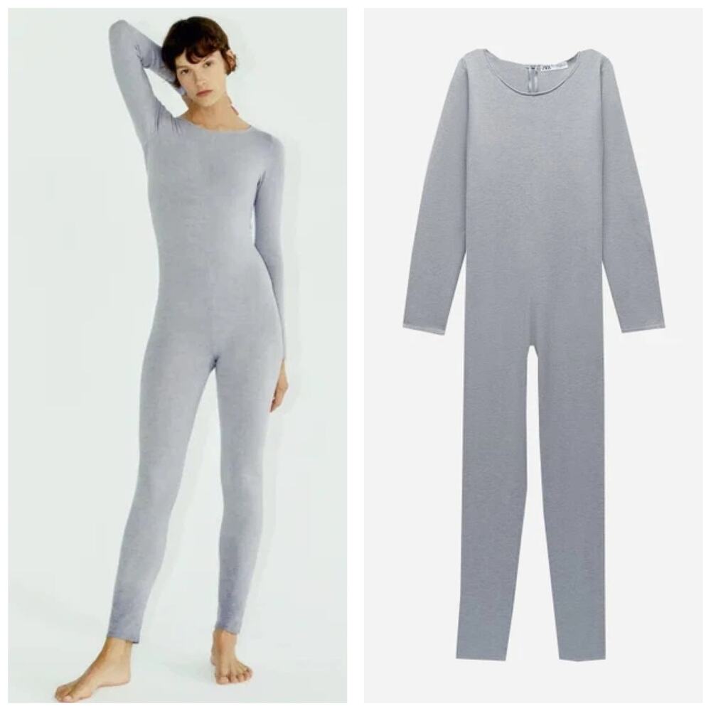 Zara Grey Knit Long Sleeve Jumpsuit Size Large Soft Cozy Loungewear 5755/163